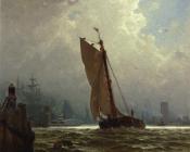 New York Harbor with the Brooklyn Bridge Under Construction - 阿尔弗雷德·汤普森·布雷奇
